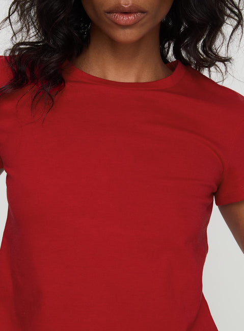back view of model wearing Princess Polly Micah Tee Red Short Sleeves Crew Neck 