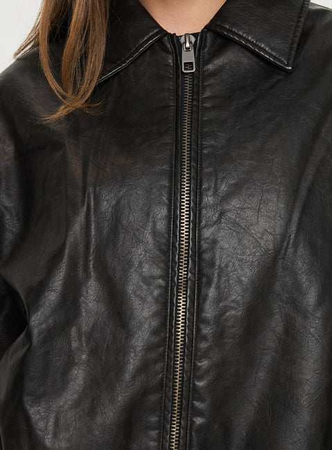 Faux leather bomber jacket Classic collar, drop shoulder, twin hip pockets, elasticated cuffs, drawstring toggle waist, zip fastening down front Non-stretch, fully lined 