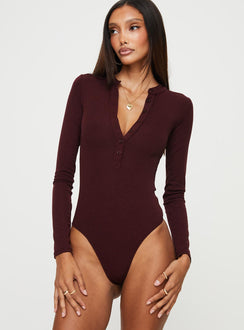 front view of model wearing Princess Polly Kandis Long Sleeve Bodysuit Burgundy Long Sleeve Tops Bodysuit 