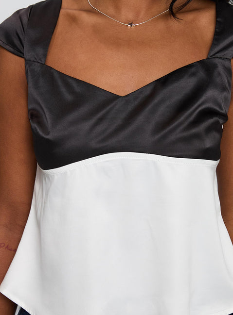 back view of model wearing Princess Polly Think About It Cap Sleeve Top Black / White Short Sleeves V-Neck 