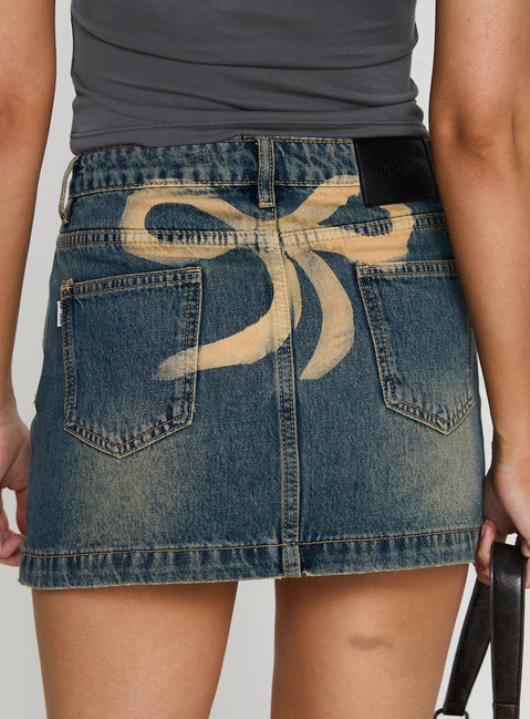   front view of model wearing Princess Polly Ribbon Stamp Mini Skirt Antique Wash Mini Skirts Skirts 