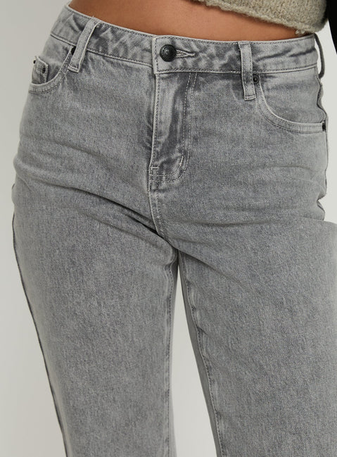 back view of model wearing Princess Polly Magic Mirror Mid Rise Bootleg Jeans Washed Grey Mid Rise Jeans Jeans 