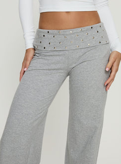 Showcasing the Nevivi Foldover Studded Pants Grey Marle womens-regular-pants with high-rise waist front view of model wearing Princess Polly