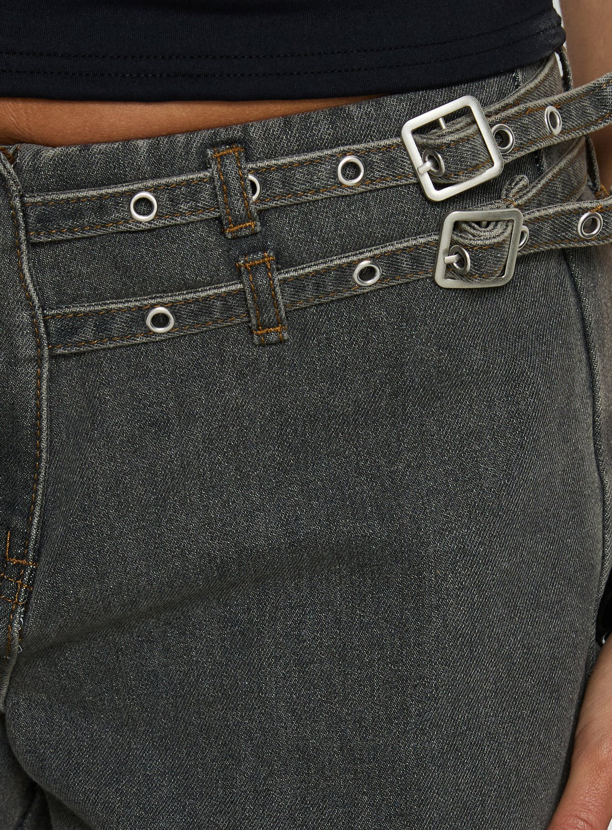 side view of model wearing Princess Polly Paltrow Mid Rise Wide Leg Cargo Jeans Washed Grey Mid Rise Jeans Jeans 