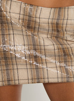 back view of model wearing Princess Polly Cherice Sequin Mini Skirt Beige Plaid Mini Skirts Skirts 