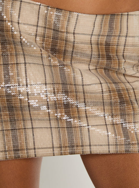 back view of model wearing Princess Polly Cherice Sequin Mini Skirt Beige Plaid Mini Skirts Skirts 