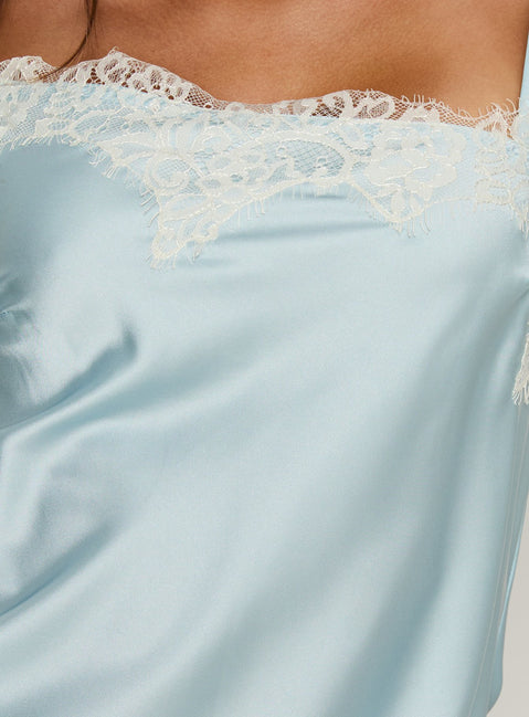 Winta Lace Trim Asymmetrical Satin Top Blue
