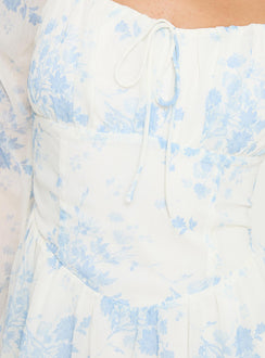 product Princess Polly Robertstone Long Sleeve Mini Dress White / Blue Floral Square Neck 