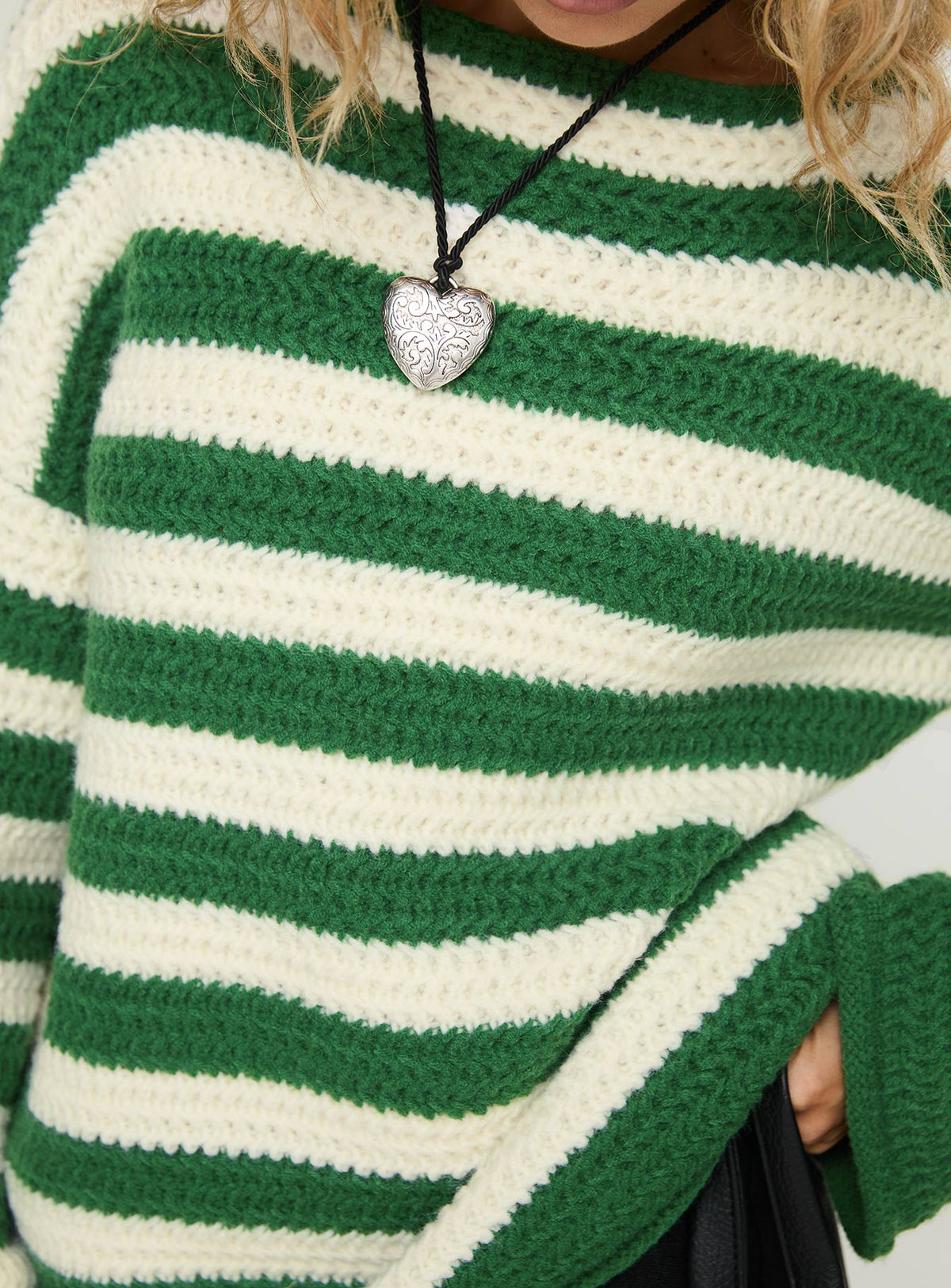 back view of model wearing Princess Polly Brando Knit Sweater Green / Cream Stripe Longline Jumpers Jumpers 