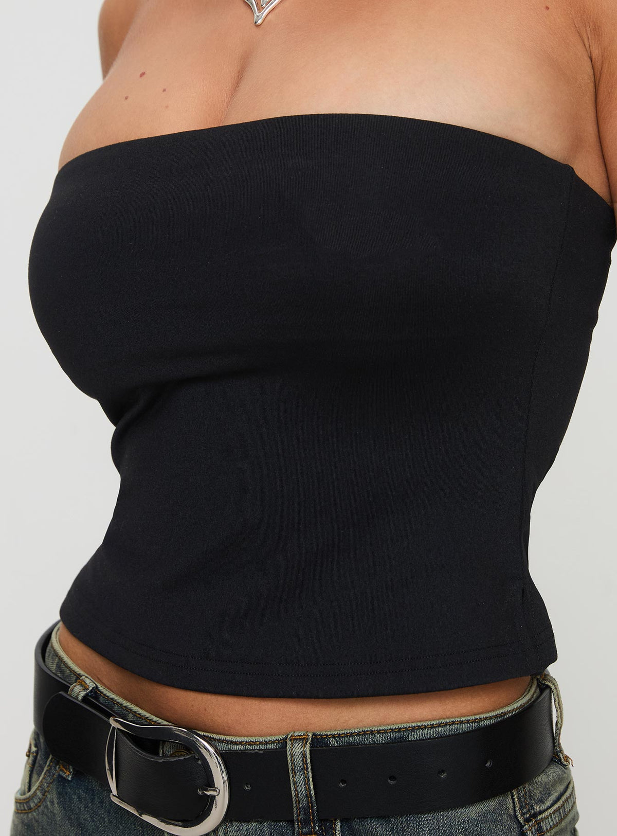 back view of model wearing Princess Polly Aurorah Strapless Top Black Sleeveless straight 