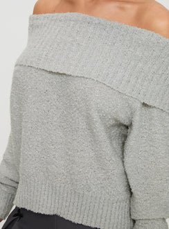 back view of model wearing Princess Polly Parkley Boucle Off The Shoulder Sweater Grey Marle Jumpers 