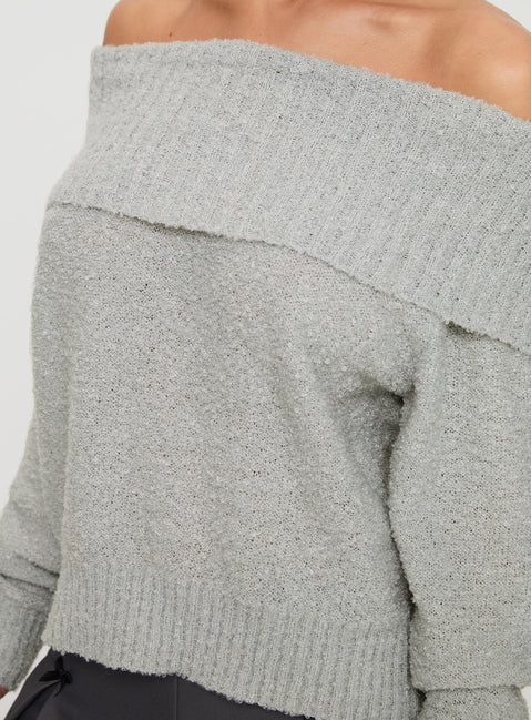back view of model wearing Princess Polly Parkley Boucle Off The Shoulder Sweater Grey Marle Jumpers 