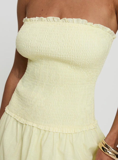back view of model wearing Princess Polly Tinsie Strapless Maxi Dress Yellow Straight Neck 