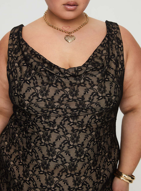 back view of model wearing Princess Polly Romani Lace Maxi Dress Black Curve Cowl Neck 