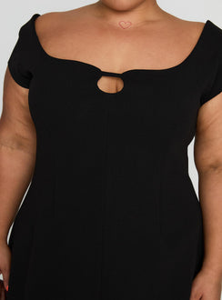 back view of model wearing Princess Polly Sylvette Mini Dress Black Curve Scoop Neck 