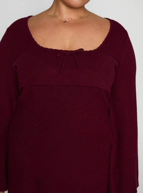 side view of model wearing Princess Polly Sandyra Knit Mini Dress Maroon Curve Square Neck 