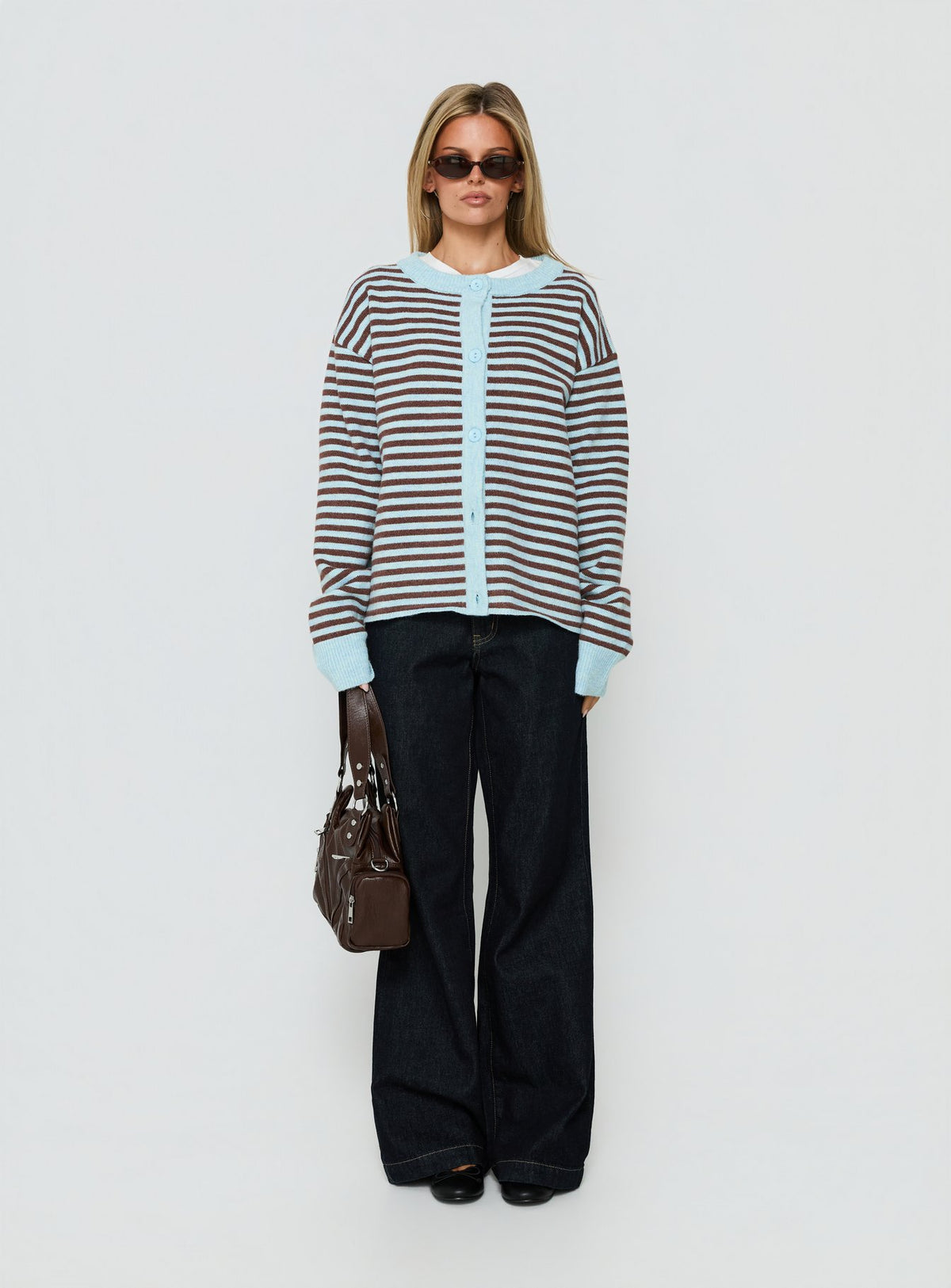Showcasing the Darnelle Button Up Knit Cardigan Mint Chocolate Stripe womens-jumpers in short length front view of model wearing Princess Polly