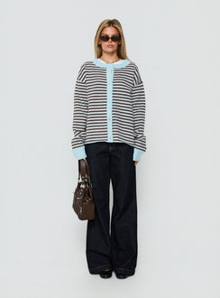 Showcasing the Darnelle Button Up Knit Cardigan Mint Chocolate Stripe womens-jumpers in short length front view of model wearing Princess Polly