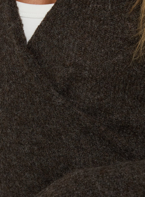 Close up of the Tonee Wrap Knit Cardigan in Chocolate womens jumpers showcasing short length Princess Polly