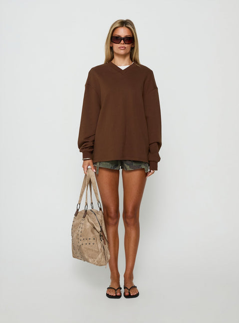 Discover the Opollo V Neck Jumper Brown womens-jumpers in long length with oversized fit front view of model wearing Princess Polly