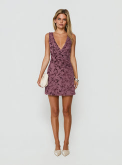 Dawsonne Plunge Neck Twist Front Mini Dress Plum Floral