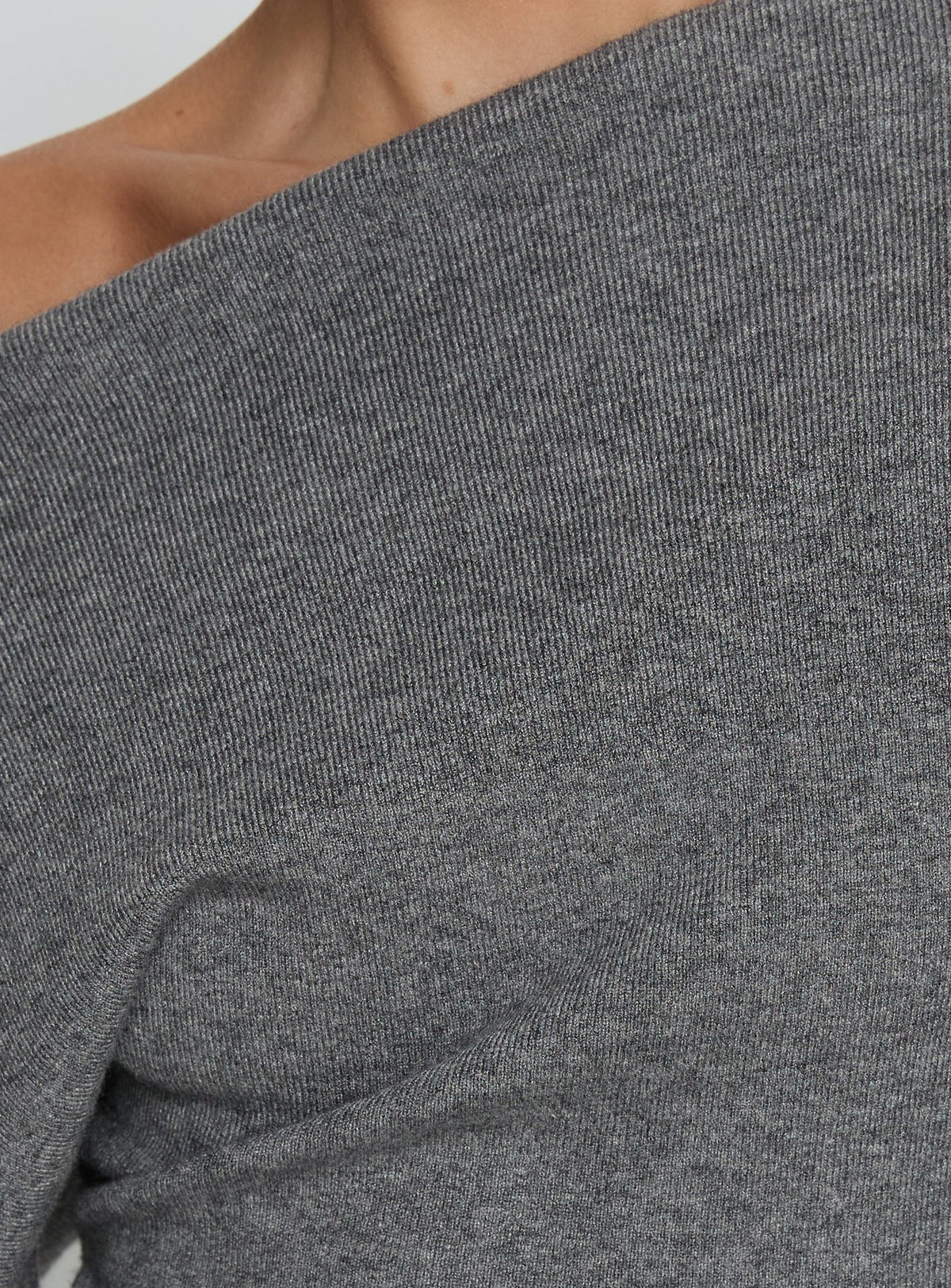 Highlighting the Kaelith Off shoulder Knit Sweater Dark Grey in womens-jumpers with short length and boat neckline detail Princess Polly