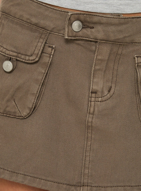 Detailed view of Tarza Cargo Mini Skirt in Khaki womens-skirts with frayed hem Princess Polly