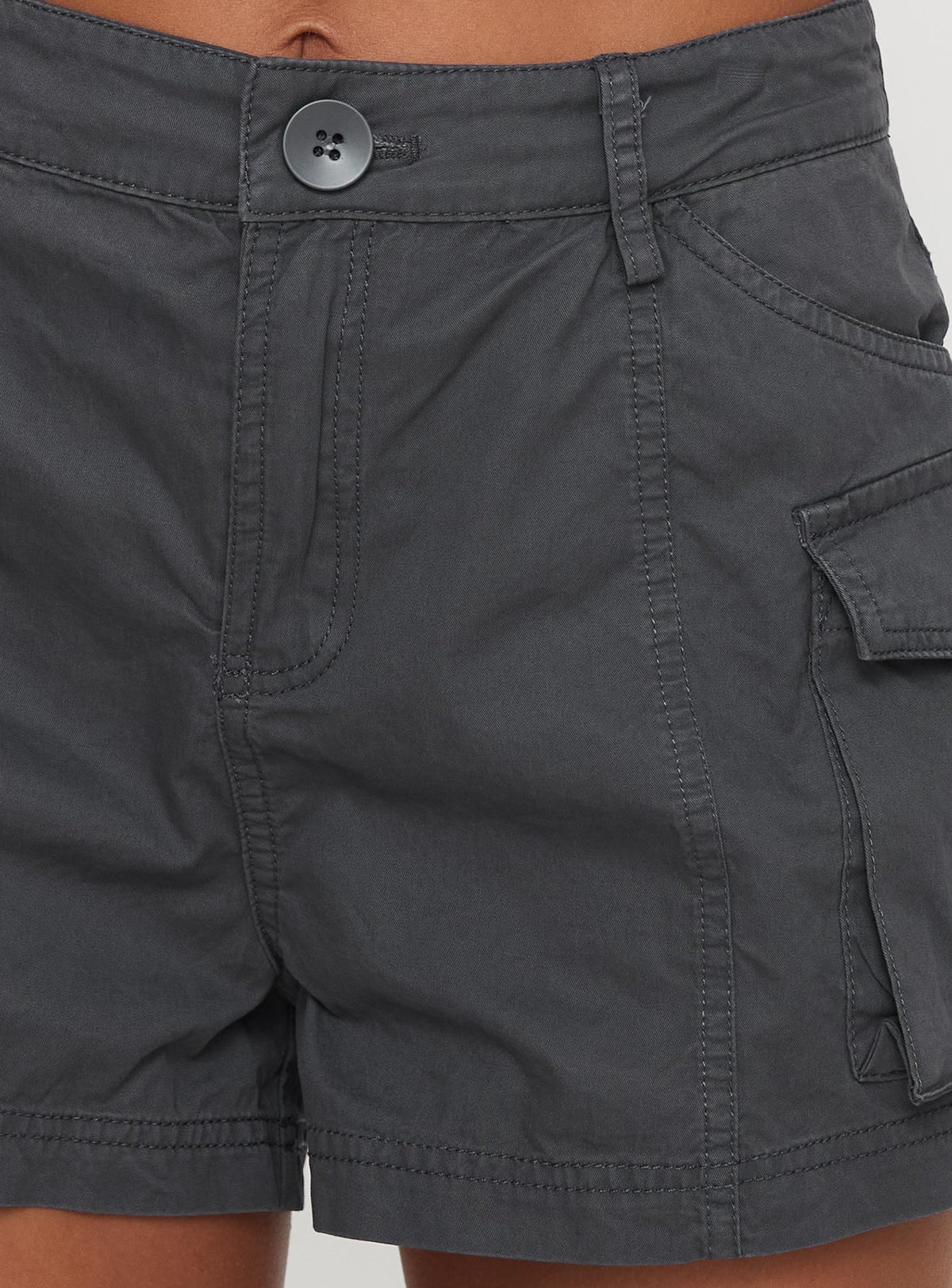back view of model wearing Princess Polly Colonel Cargo Mini Short Slate High Waisted Shorts 