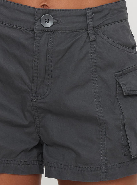 back view of model wearing Princess Polly Colonel Cargo Mini Short Slate High Waisted Shorts 