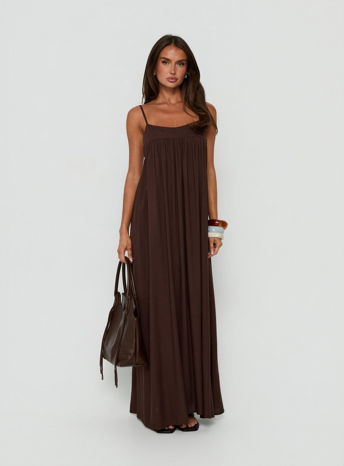 Wildah Linen Smock Maxi Dress Brown