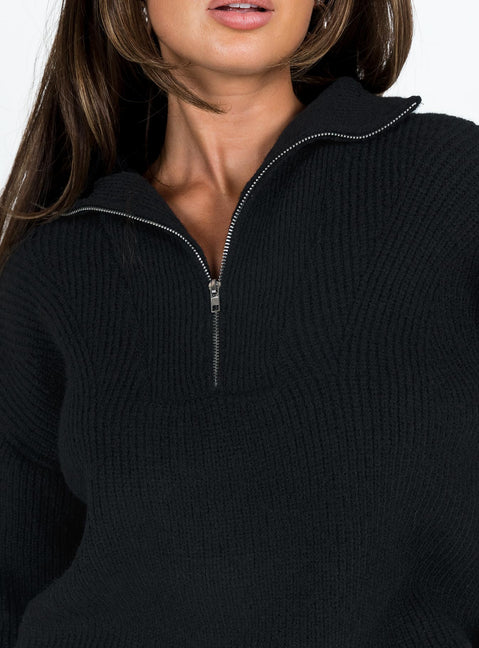 back view of model wearing Princess Polly Ferry Zip Front Sweater Black Lower Impact Cropped Jumpers Jumpers 