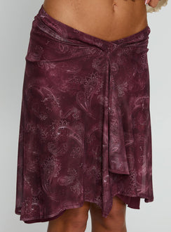   side view of model wearing Princess Polly Esmeray Midi Skirt Mesh Tonal Paisley Plum Skirts 