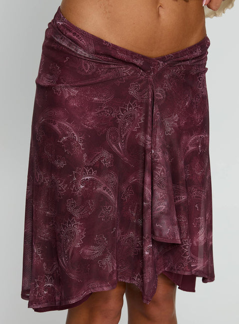   side view of model wearing Princess Polly Esmeray Midi Skirt Mesh Tonal Paisley Plum Skirts 