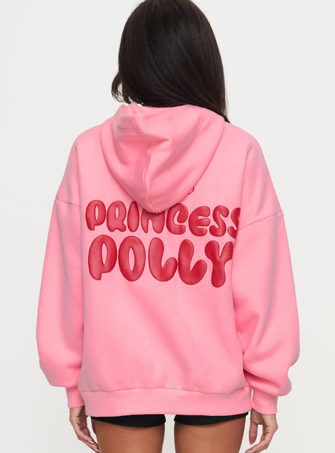 back view of model wearing Princess Polly Princess Polly Hooded Sweatshirt Bubble Text Pink / Red Longline Jumpers Jumpers 