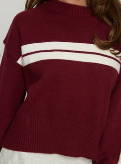 back view of model wearing Princess Polly Catherin Crew Neck Knit Sweater Red / White Cropped Jumpers Jumpers 