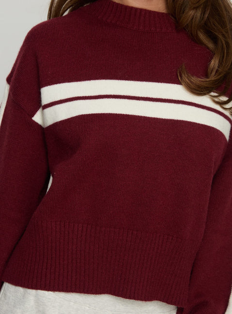back view of model wearing Princess Polly Catherin Crew Neck Knit Sweater Red / White Cropped Jumpers Jumpers 
