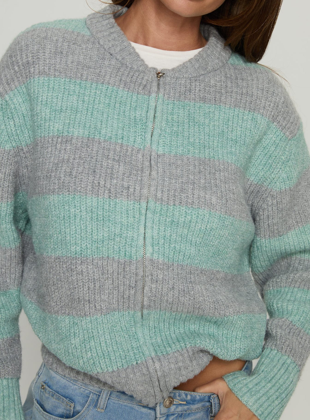 back view of model wearing Princess Polly Queena Zip Through Knit Sweater Grey / Blue Stripe Cropped Jumpers Jumpers 