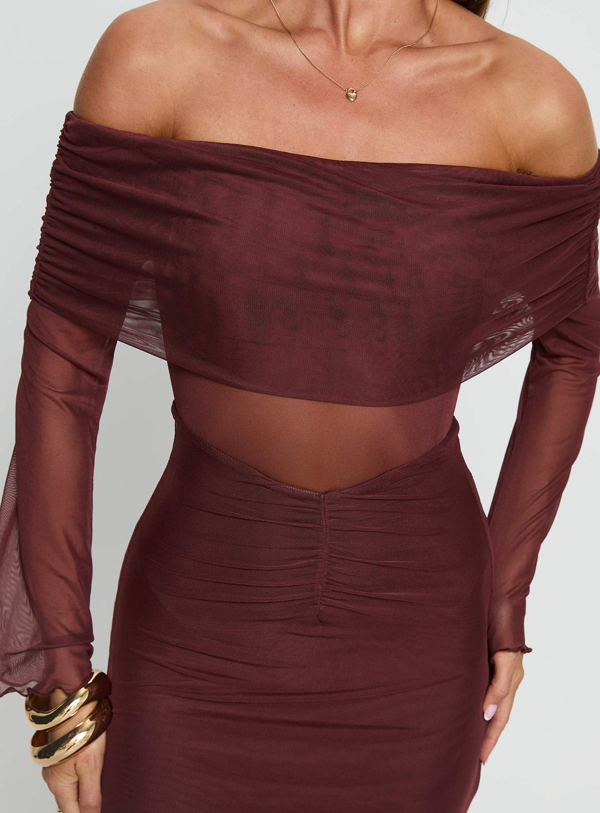Velouria Off Shoulder Long Sleeve Maxi Dress Brown