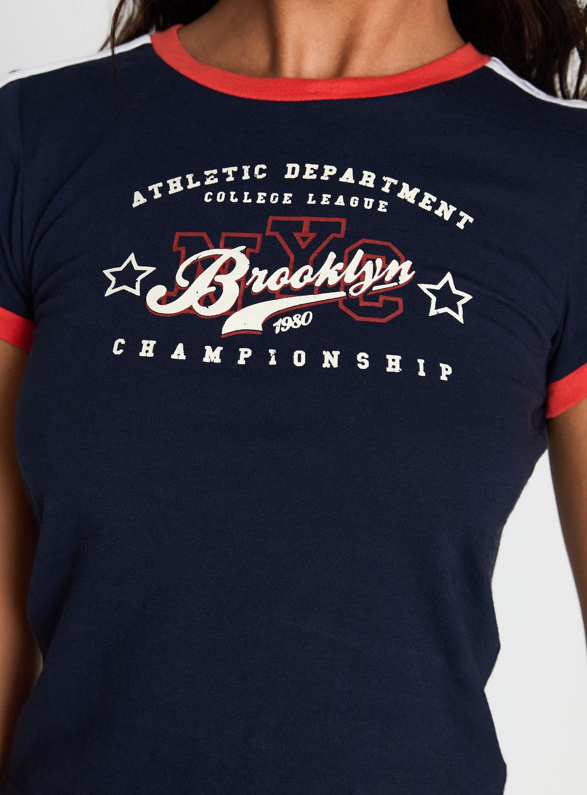 front view of model wearing Princess Polly So Brooklyn Graphic Tee Blue Short Sleeves Crew Neck 