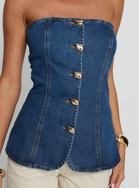 Deann Denim Strapless Top Mid Blue Wash