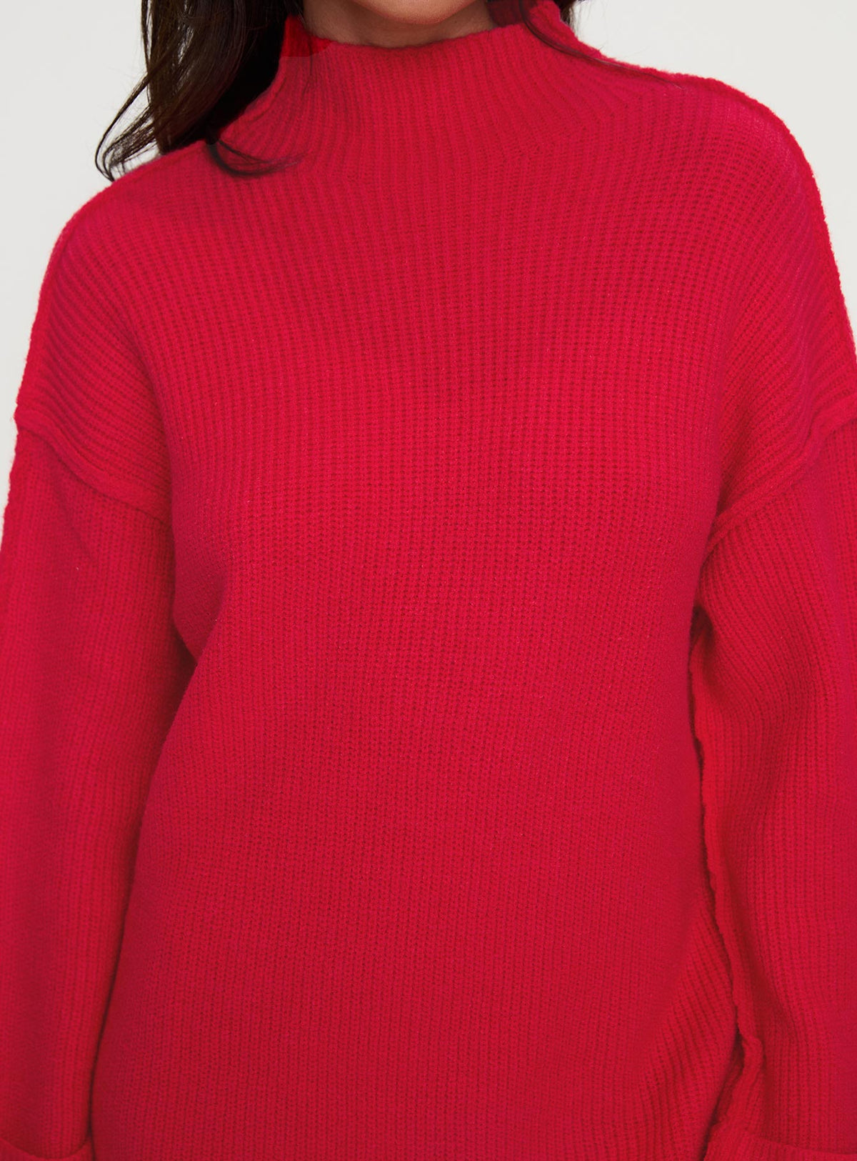 back view of model wearing Princess Polly Weslie Long Sleeve Knit Mini Dress Red High Neck 