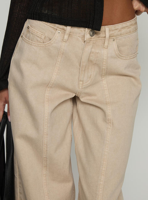 front view of model wearing Princess Polly Lando Low Rise Straight Leg Jeans Tan Mid Rise Jeans Jeans 