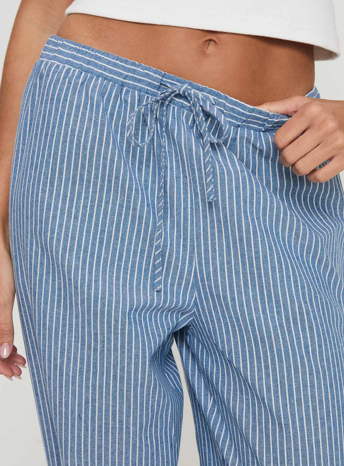 back view of model wearing Princess Polly Veridian Pants Blue Stripe Mid Rise Pants Pants 