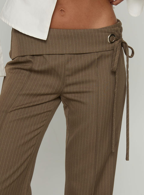 back view of model wearing Princess Polly Cedrina Eyelet Fitted Suit Pants Green Pinstripe Low Rise Pants Pants 