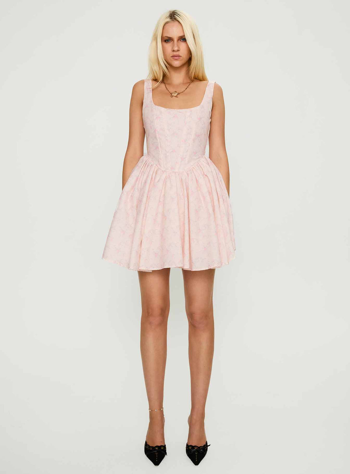 front view of model wearing Princess Polly Bridgitte Corset Mini Dress Floral Square Neck 