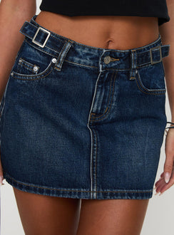   front view of model wearing Princess Polly Monti Buckle Denim Mini Skirt Mid Blue Skirts 