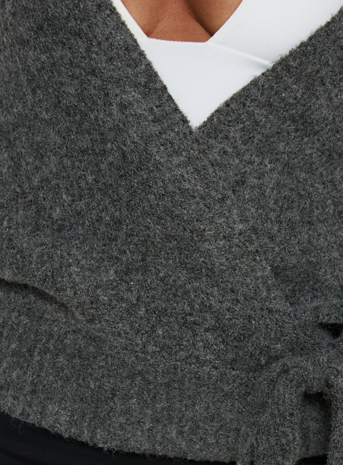 Showcasing the Daelan Wrap Knit Cardigan Charcoal womens jumpers in short length front view of model wearing Princess Polly