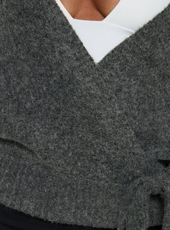 Showcasing the Daelan Wrap Knit Cardigan Charcoal womens jumpers in short length front view of model wearing Princess Polly