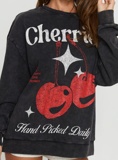 back view of model wearing Princess Polly Hand Picked Graphic Jumper Black Jumpers 