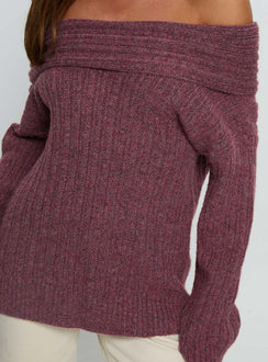 back view of model wearing Princess Polly Snowie Off Shoulder Knit Sweater Burgundy Longline Jumpers Jumpers 